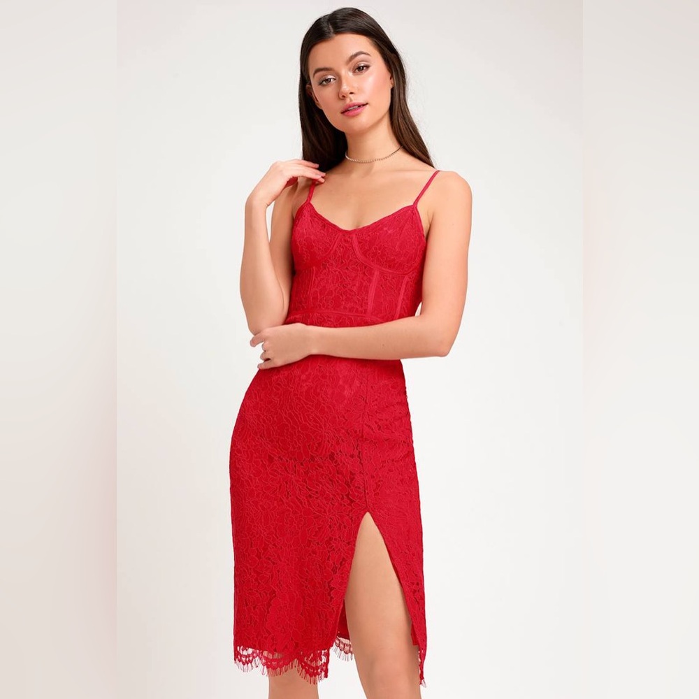 Red Lace Slip Midi Dress with Thigh Slit